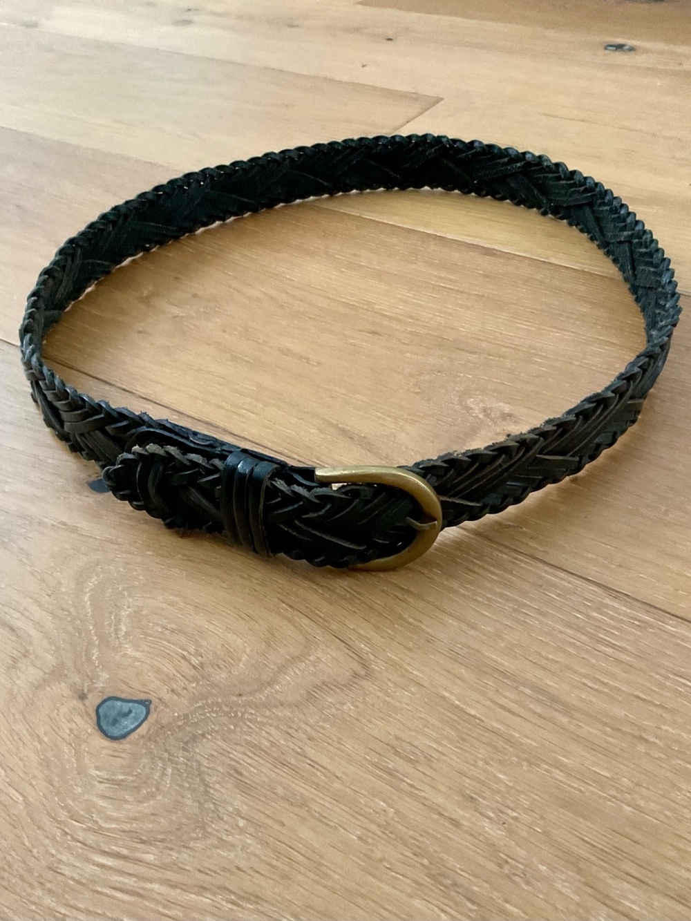 VTG Etienne Aigner 90s Braided Black Leather Belt Solid Brass Horseshoe Logo 39"